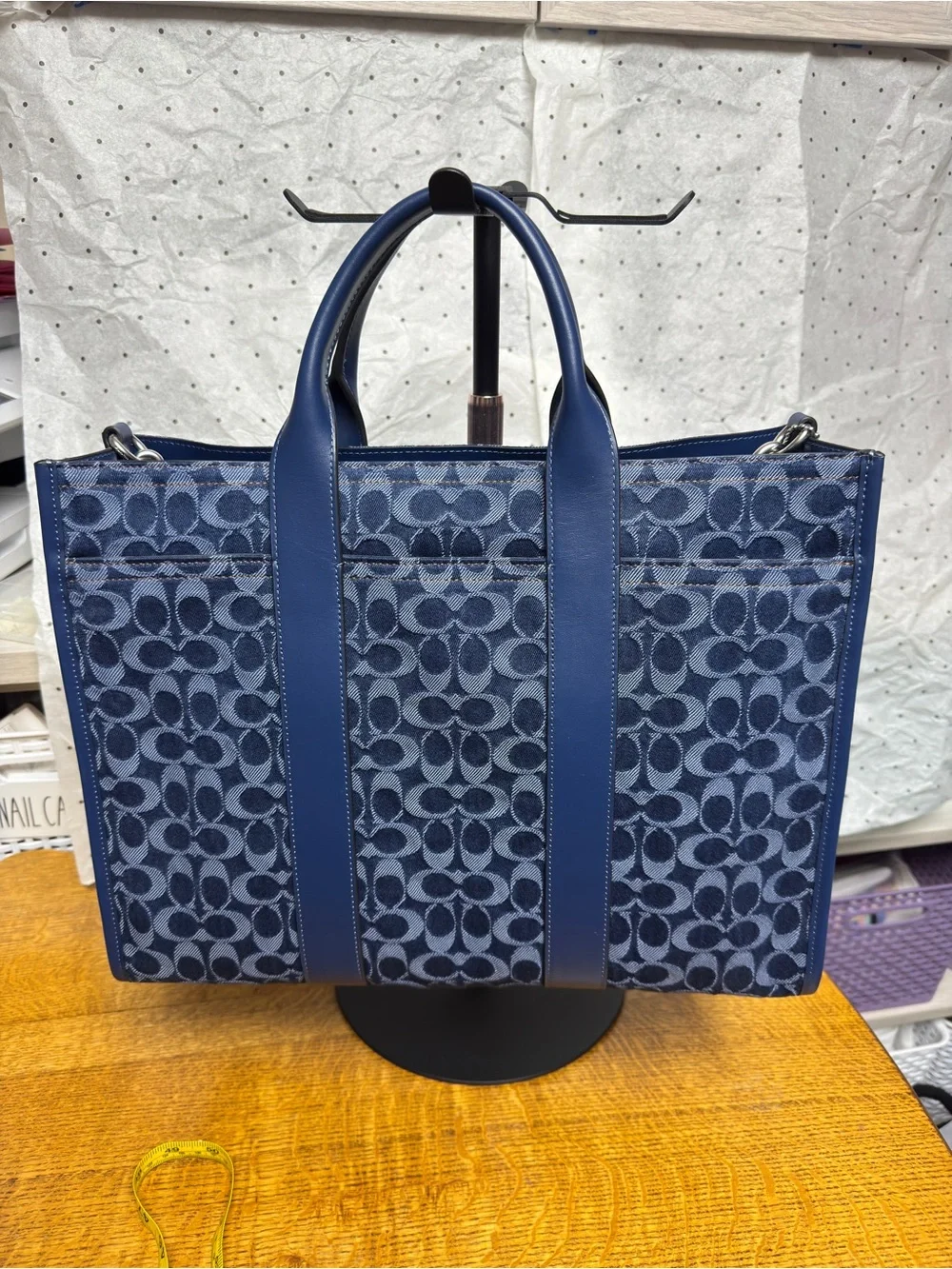 NEW Coach Wesley Blue denim Signature Monogram Tote with Leather Trim